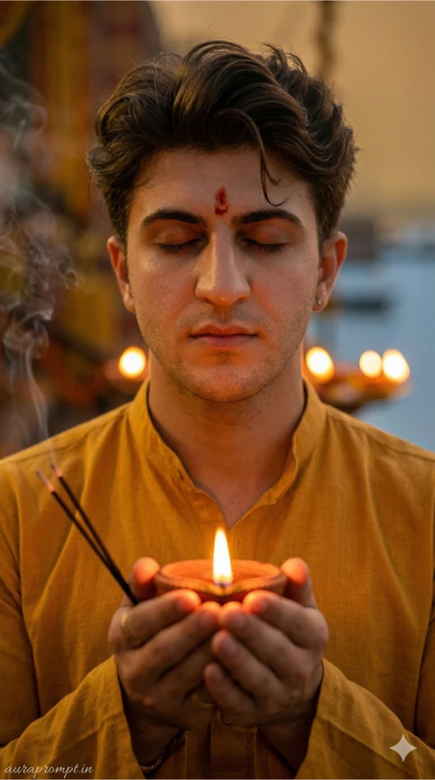 Divine Diya Glow Close-Up Portrait | AI Portrait Prompt for Boys on Chhath Puja