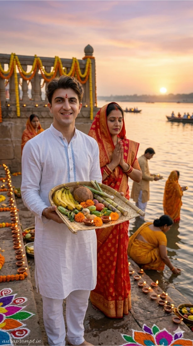 Emotional Family Scene at Riverside Ghat | Chhath Puja AI Photo Prompt for Instagram