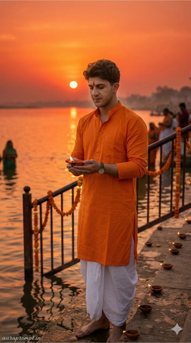 Cinematic Sunset Diya Offering at Chhath Ghat | Trending AI Festival Prompt 2026