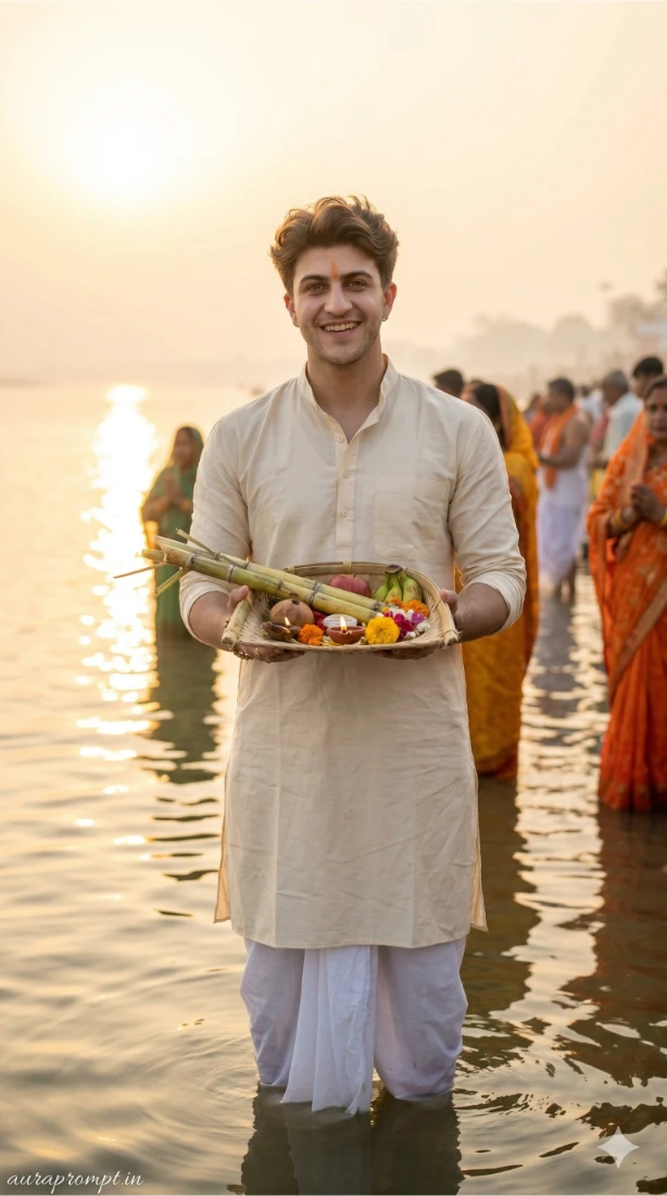 Golden Sunrise River Portrait | Chhath Puja AI Photo Editing Prompt