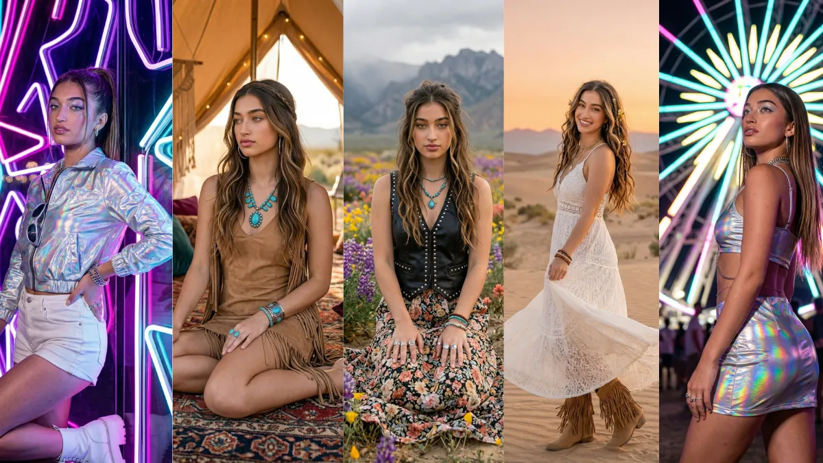 Coachella Festival Girls Photo Prompts 2026 for Gemini AI with boho desert aesthetic and golden hour lighting