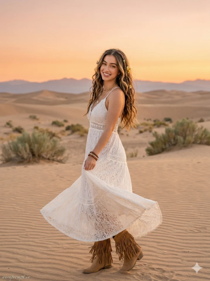 Coachella Festival Girls Photo Prompts 2026 for Gemini AI with boho desert aesthetic and golden hour lighting