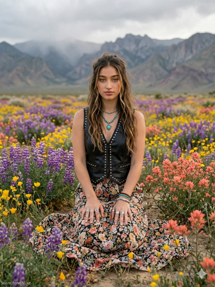 Coachella Festival Girls Photo Prompts 2026 for Gemini AI with boho desert aesthetic and golden hour lighting