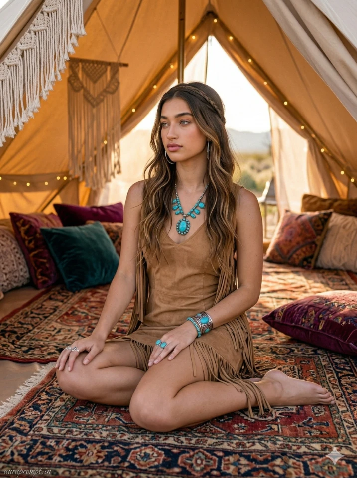 Coachella Festival Girls Photo Prompts 2026 for Gemini AI with boho desert aesthetic and golden hour lighting