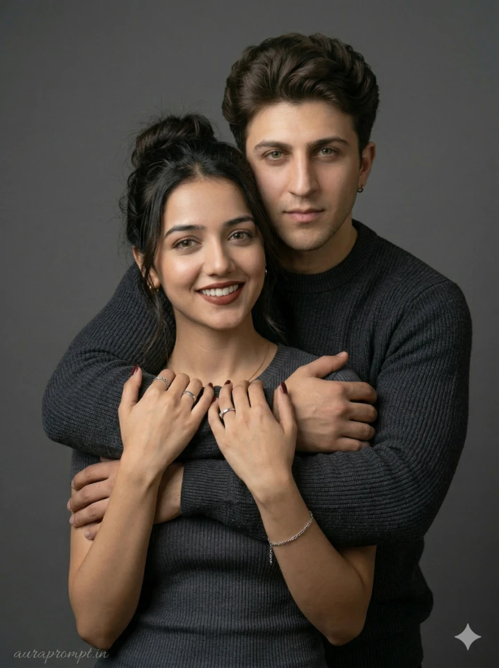 Ultra Realistic Couple Photo Prompts for Warm Grey Studio Embrace