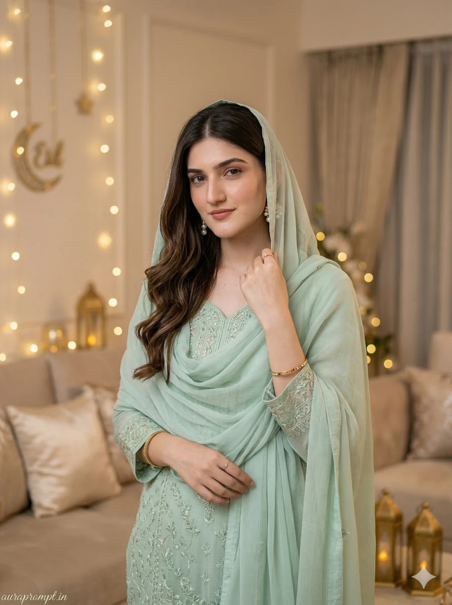 Soft Indoor Eid Elegance Portrait Prompt