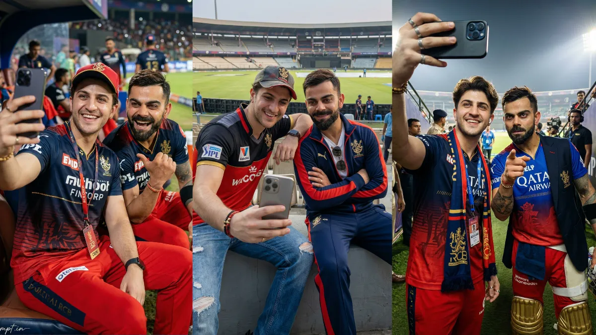 RCB Selfie with Virat Kohli AI Photo Prompt 2026 showing a fan and Virat smiling under stadium floodlights