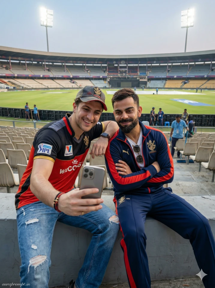 RCB Selfie with Virat Kohli AI Photo Prompt 2026 showing a fan and Virat smiling under stadium floodlights
