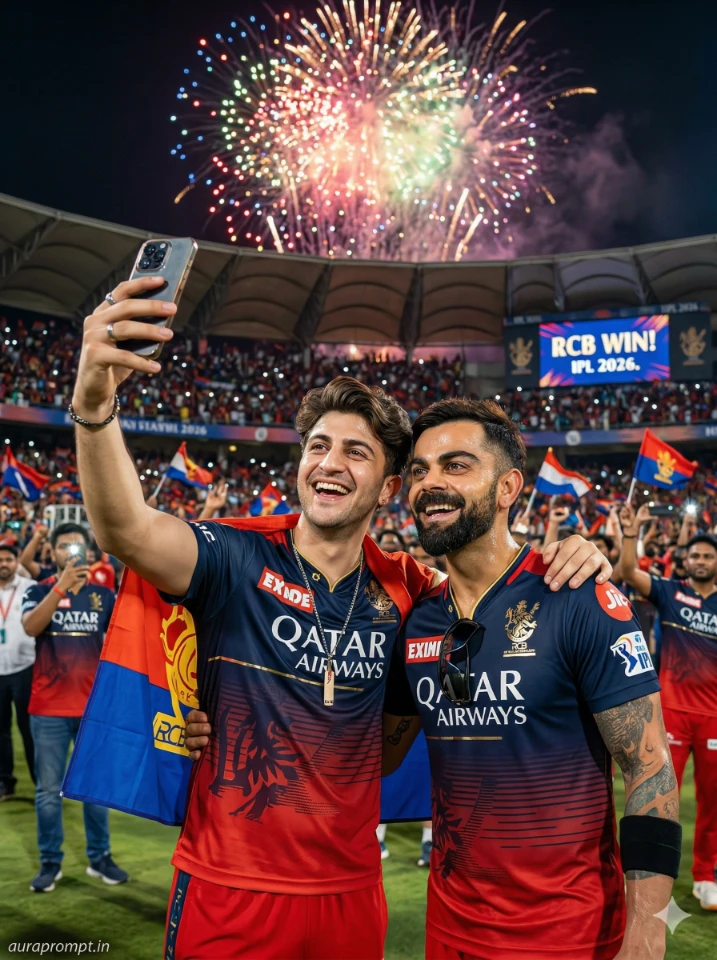 RCB Selfie with Virat Kohli AI Photo Prompt 2026 showing a fan and Virat smiling under stadium floodlights