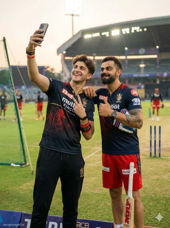 RCB Selfie with Virat Kohli AI Photo Prompt 2026 showing a fan and Virat smiling under stadium floodlights