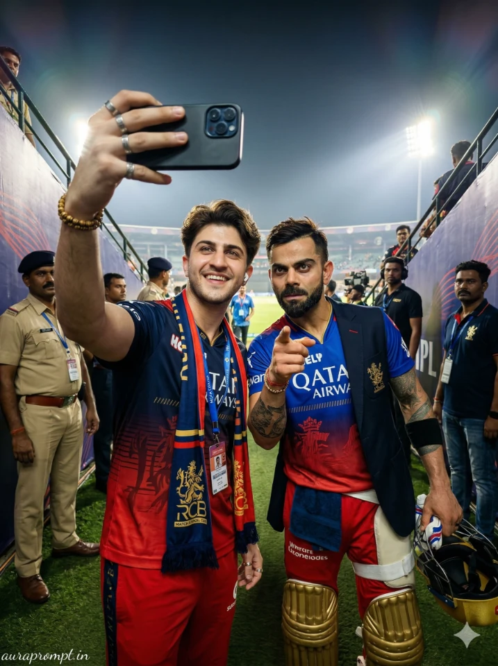 RCB Selfie with Virat Kohli AI Photo Prompt 2026 showing a fan and Virat smiling under stadium floodlights