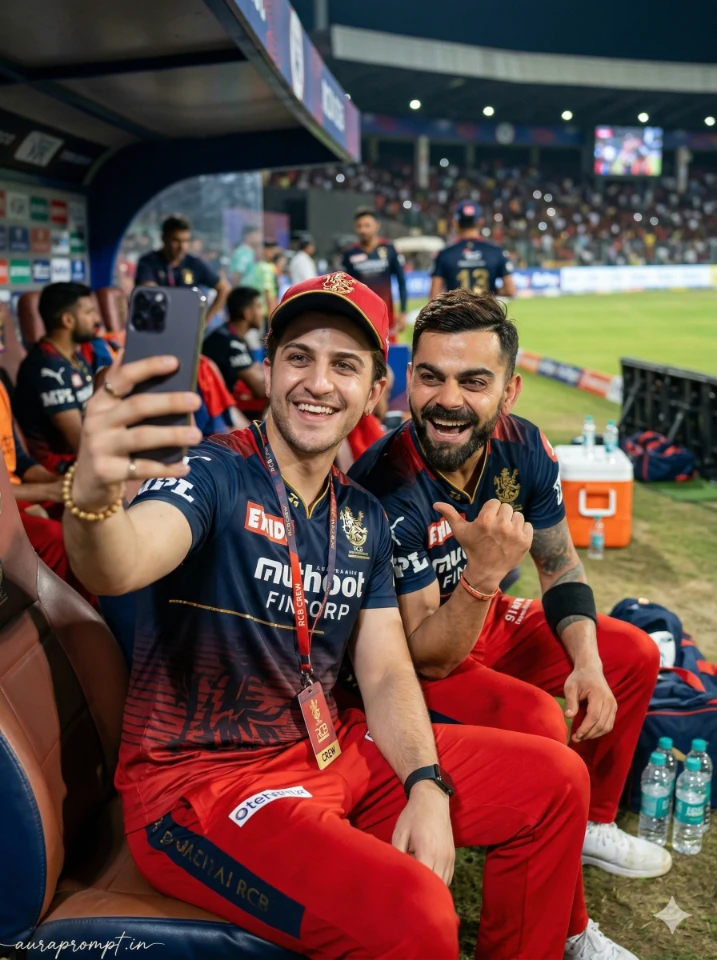 RCB Selfie with Virat Kohli AI Photo Prompt 2026 showing a fan and Virat smiling under stadium floodlights