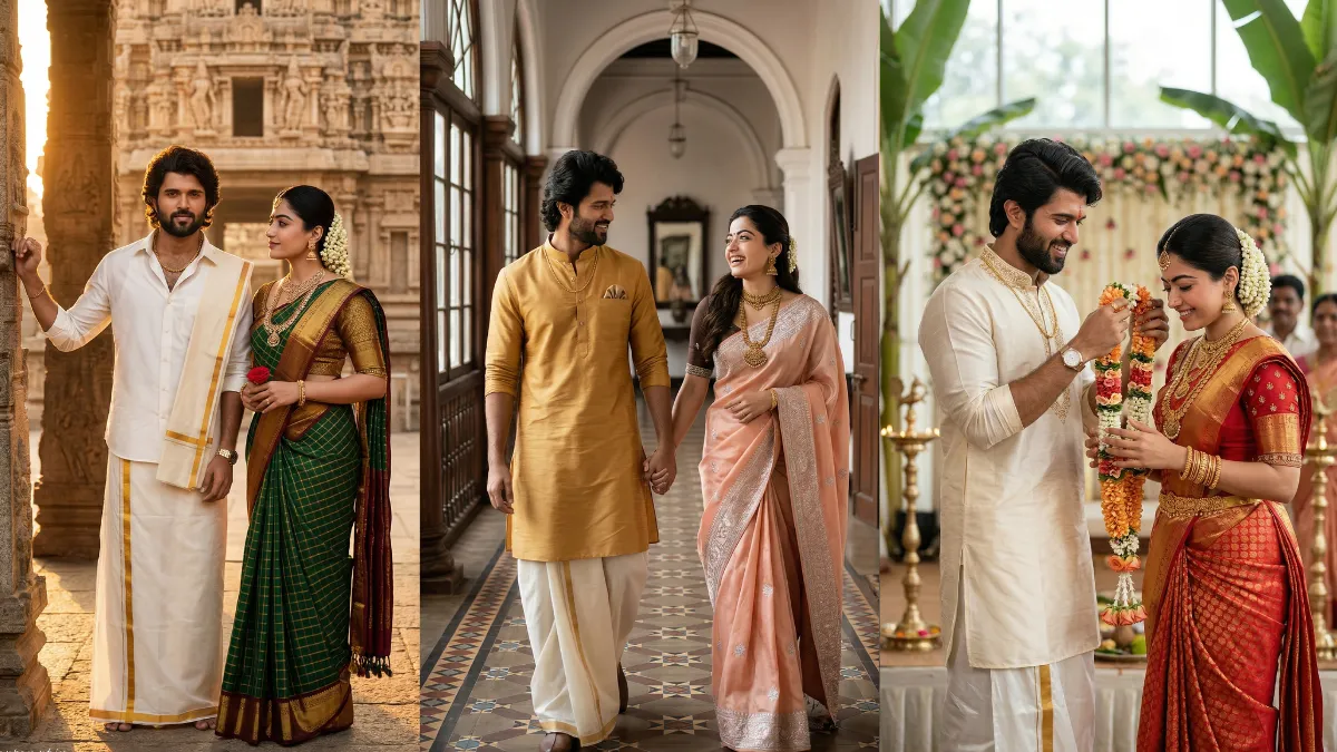 South Indian couple portraits showcasing traditional Kanchipuram silk and temple architecture