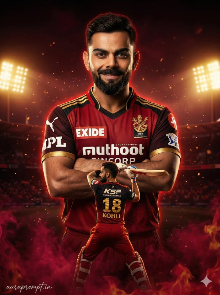 RCB Fire Energy Cinematic Cricket Poster Editing Prompt by auraprompt.in