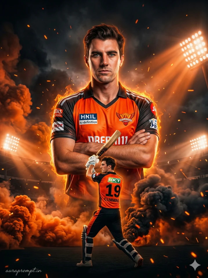 SRH Sunrise Fury Dramatic Cricket Poster Idea Prompt by auraprompt.in