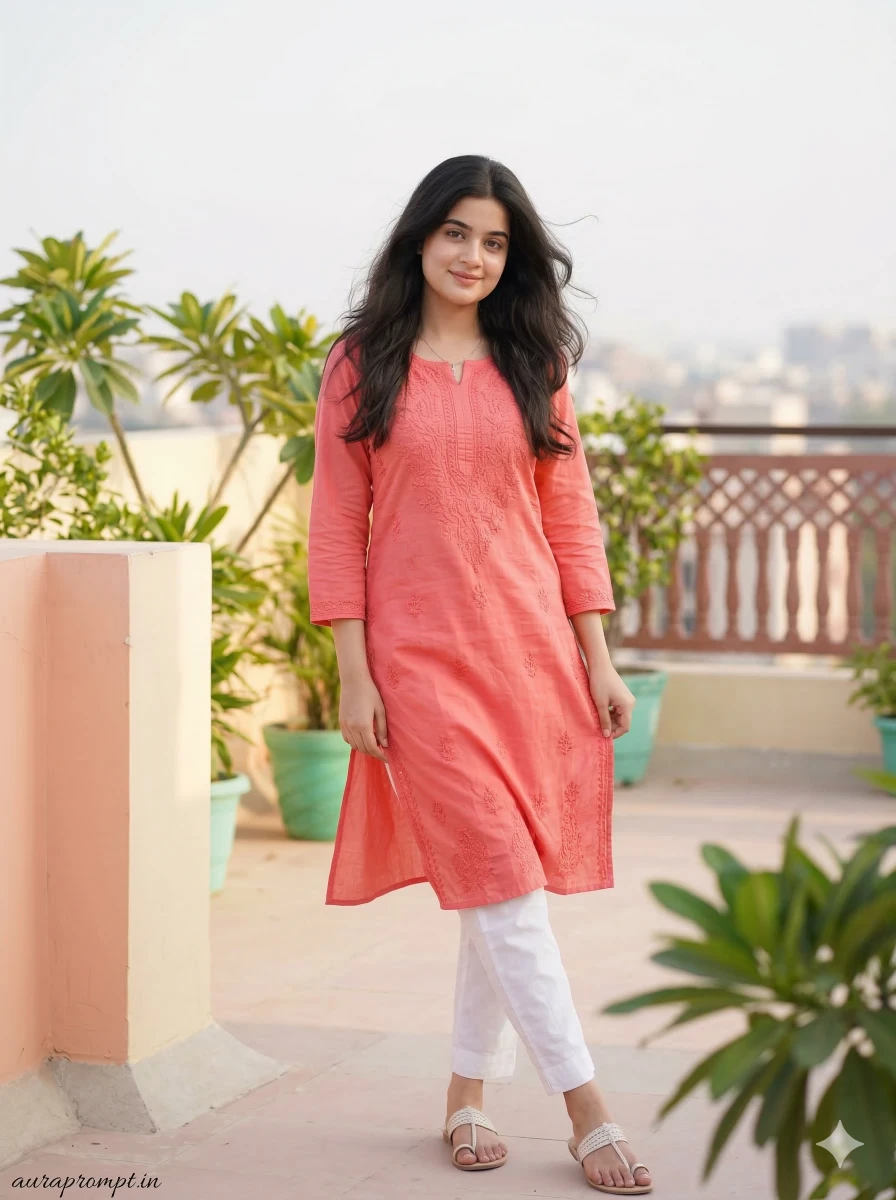 Soft Terrace Portrait in Coral Pink Kurti