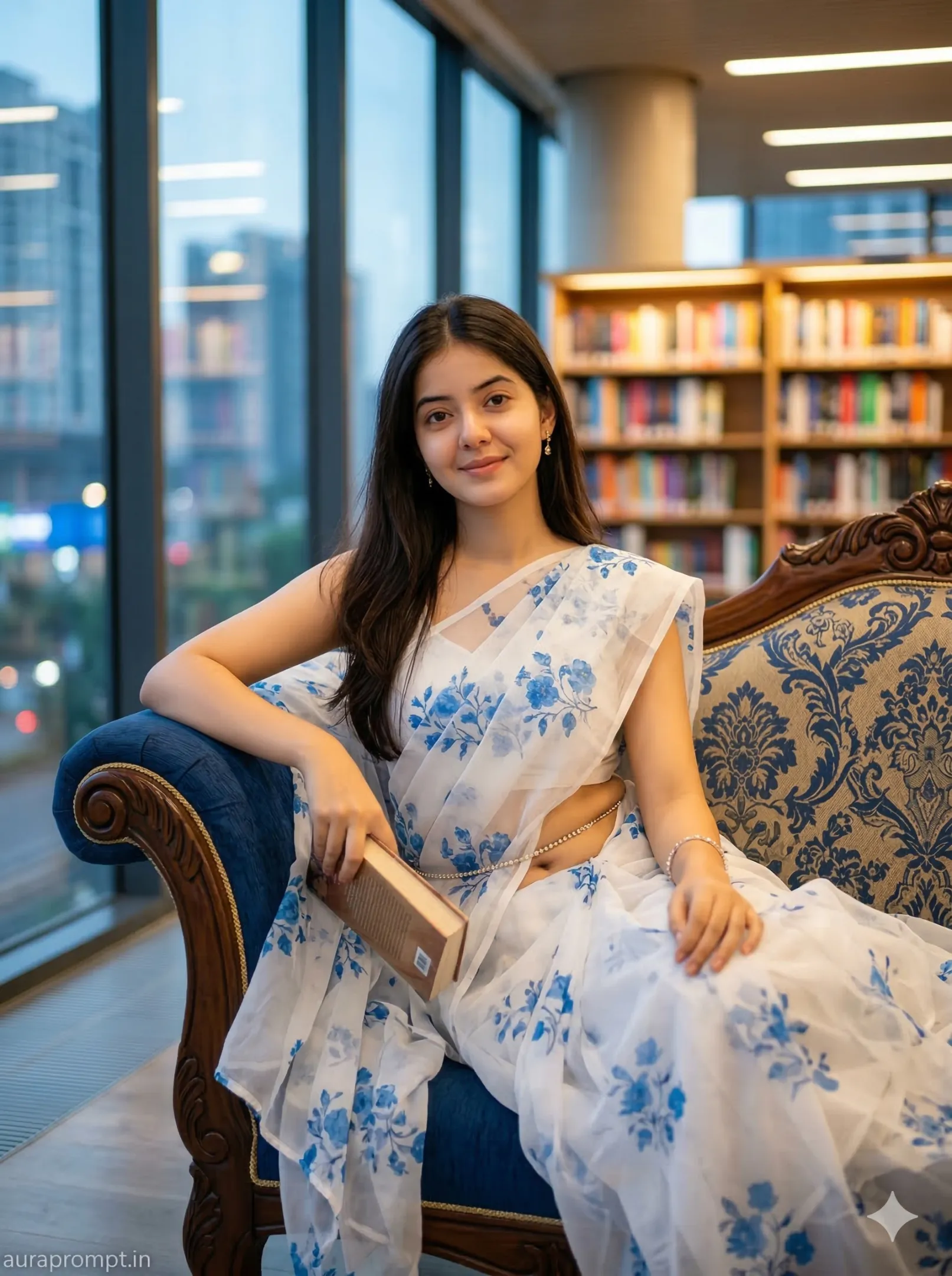 Royal Library Saree Portrait Scene