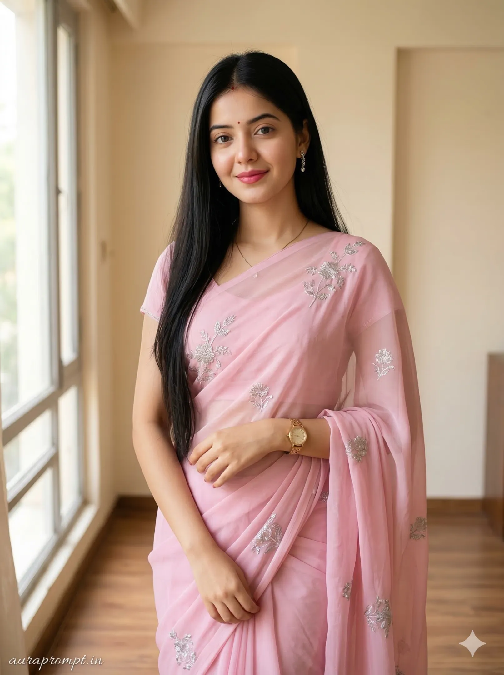 Soft Pink Saree Indoor Vintage Portrait
