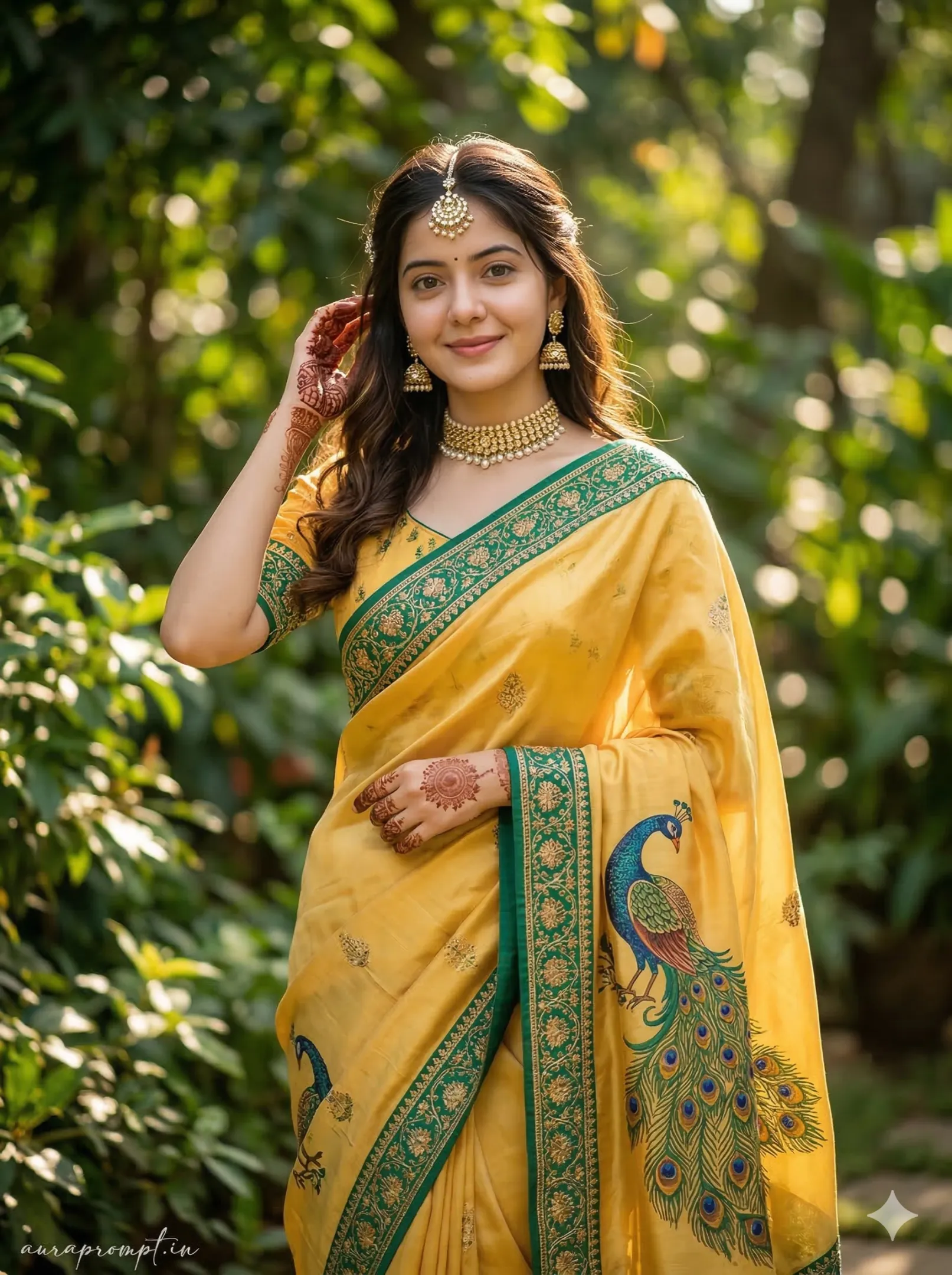 Retro Garden Portrait Girl In Yellow Saree