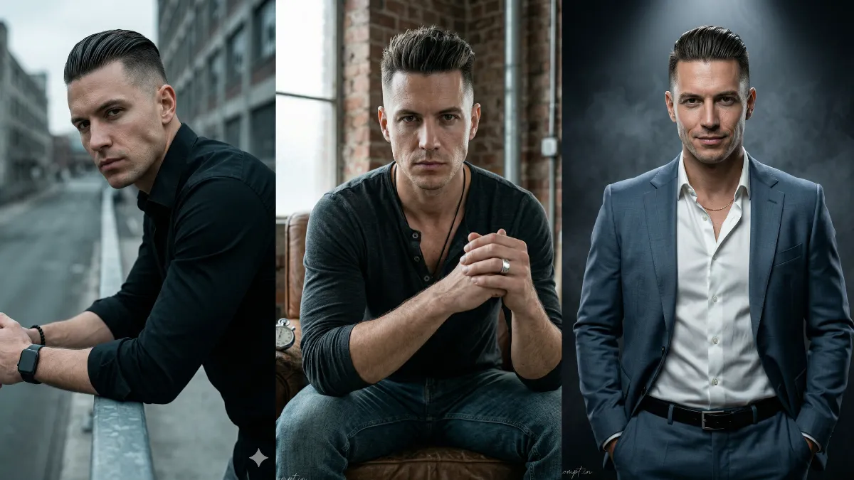 luxury studio aesthetic prompts Gemini AI cinematic male portrait compilation black outfit leather jacket high fade hairstyle