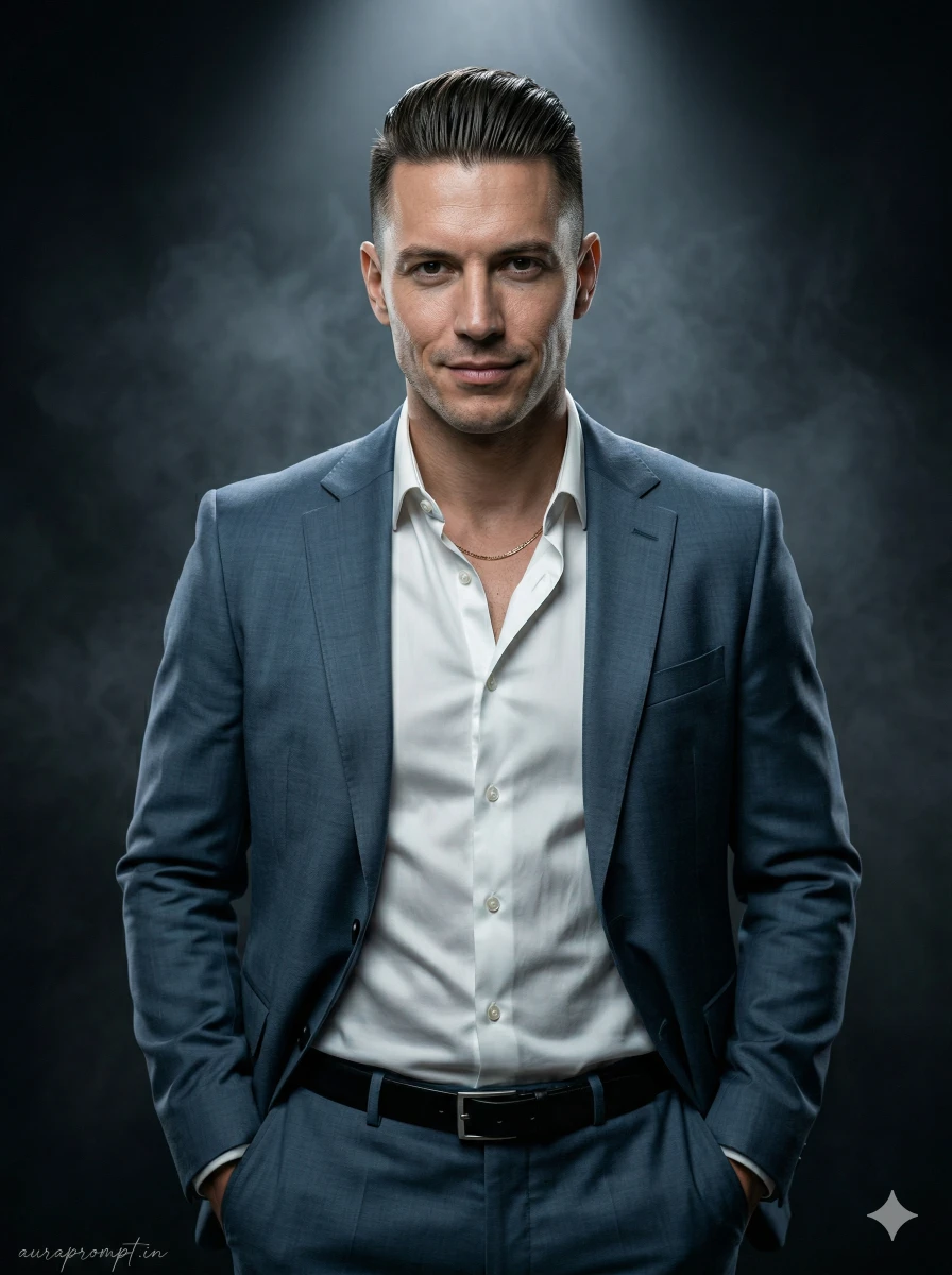 hands in pockets relaxed authority luxury studio aesthetic prompts male portrait