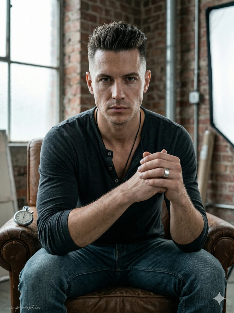 high fade hairstyle portrait prompt industrial loft luxury studio aesthetic prompts