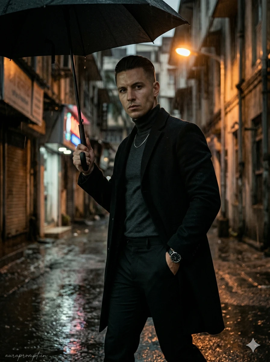 cinematic street photography prompt rainy luxury studio aesthetic prompts for Gemini