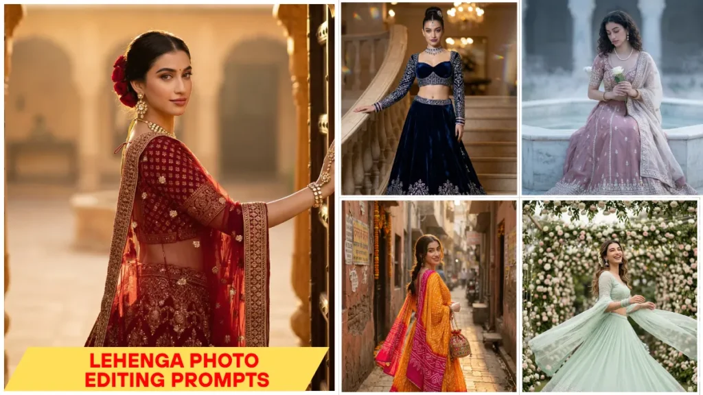 AI Lehenga Photo Editing Prompts for girls ultra-realistic Indian traditional dress portrait generated with Gemini AI