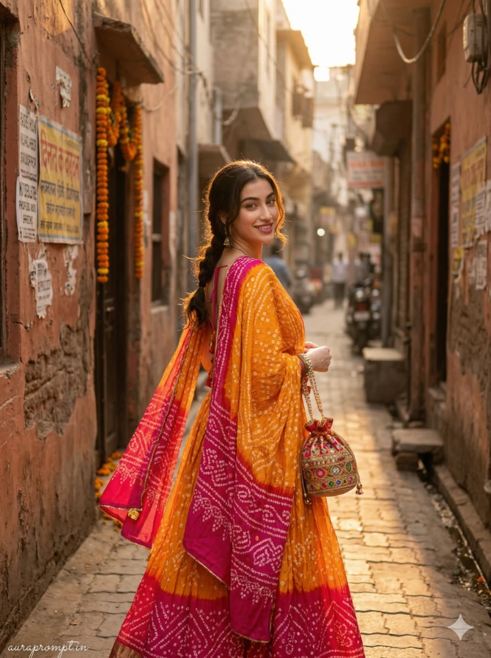 AI Lehenga Photo Editing Prompts for girls ultra-realistic Indian traditional dress portrait generated with Gemini AI