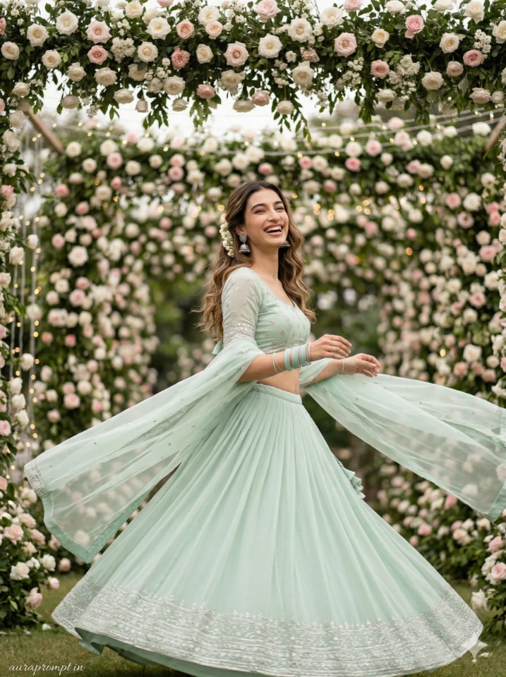 AI Lehenga Photo Editing Prompts for girls ultra-realistic Indian traditional dress portrait generated with Gemini AI