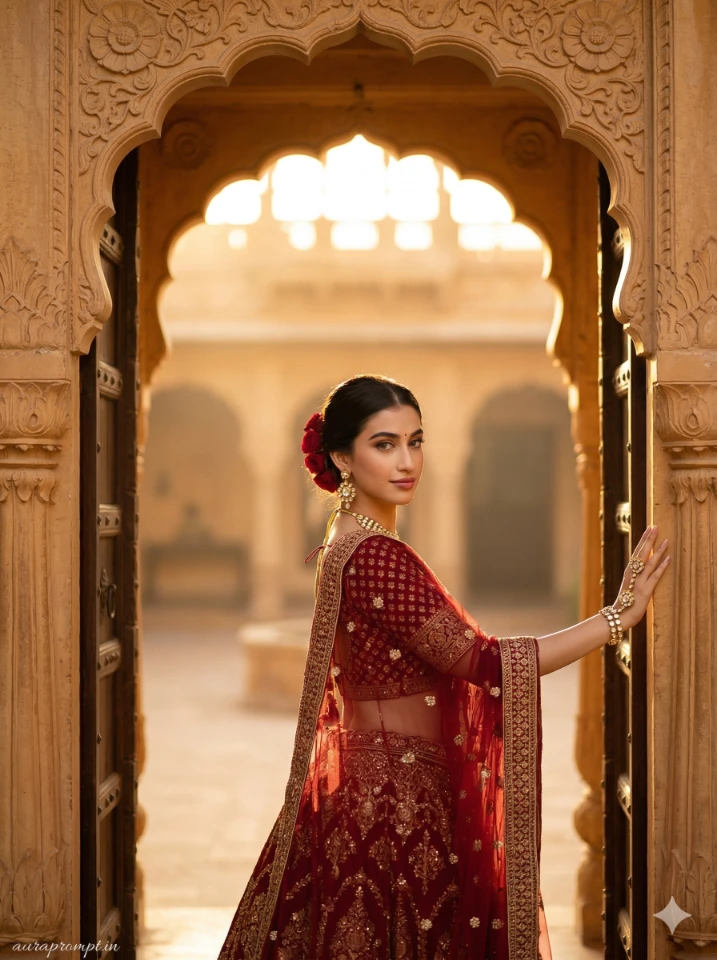 AI Lehenga Photo Editing Prompts for girls ultra-realistic Indian traditional dress portrait generated with Gemini AI