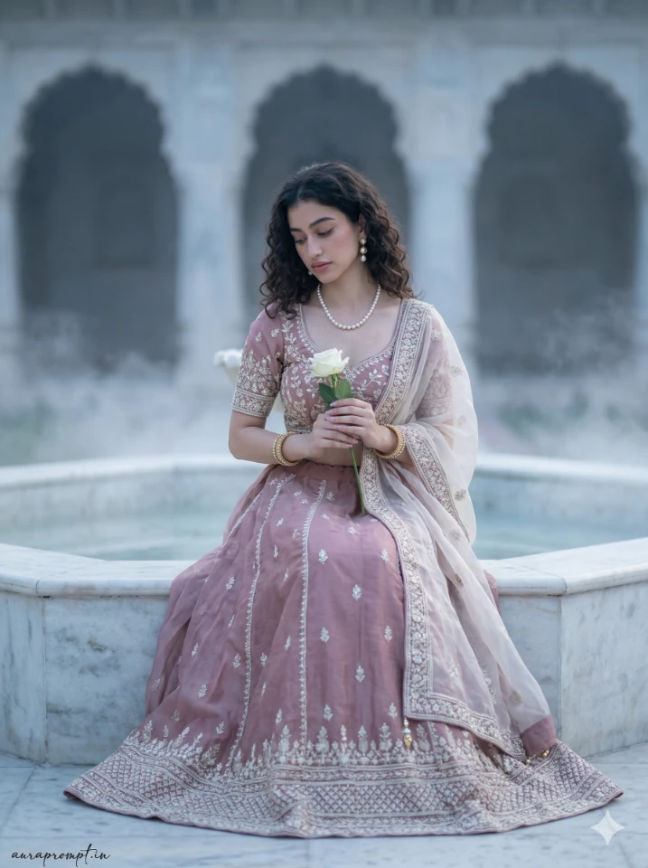 AI Lehenga Photo Editing Prompts for girls ultra-realistic Indian traditional dress portrait generated with Gemini AI