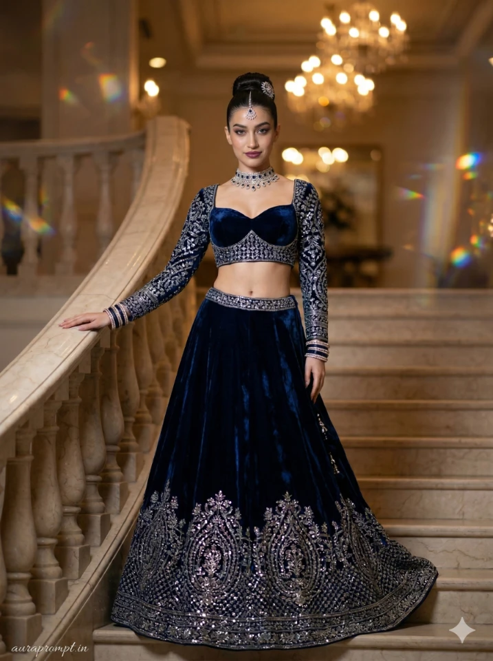 AI Lehenga Photo Editing Prompts for girls ultra-realistic Indian traditional dress portrait generated with Gemini AI