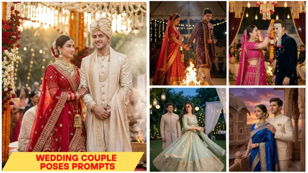AI Traditional Wedding Couple Poses Prompts ultra-realistic cinematic bride and groom photography 2026