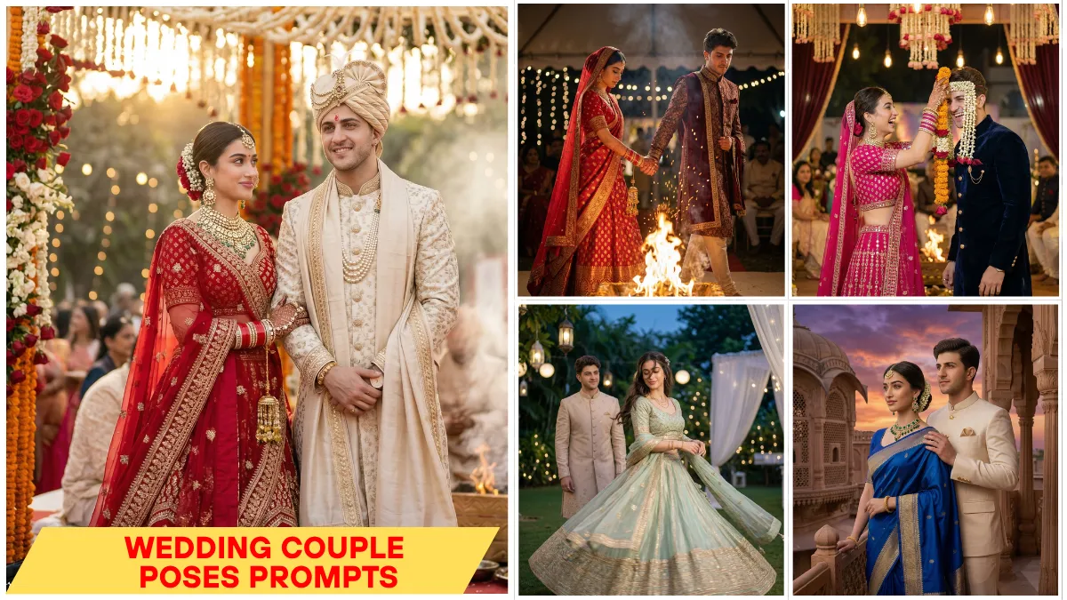 AI Traditional Wedding Couple Poses Prompts ultra-realistic cinematic bride and groom photography 2026