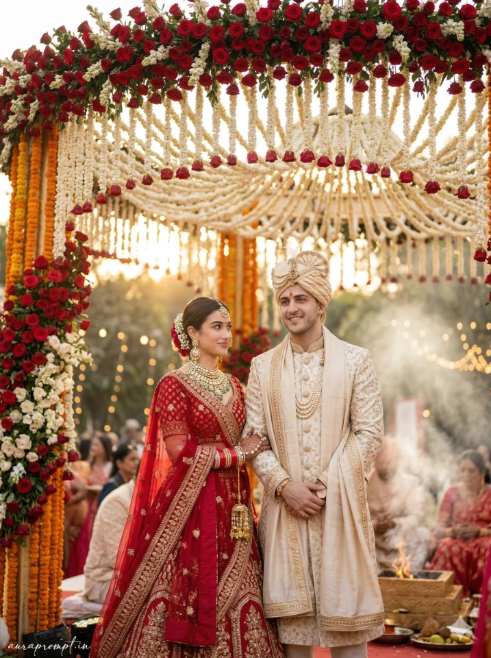 AI Traditional Wedding Couple Poses Prompts ultra-realistic cinematic bride and groom photography 2026