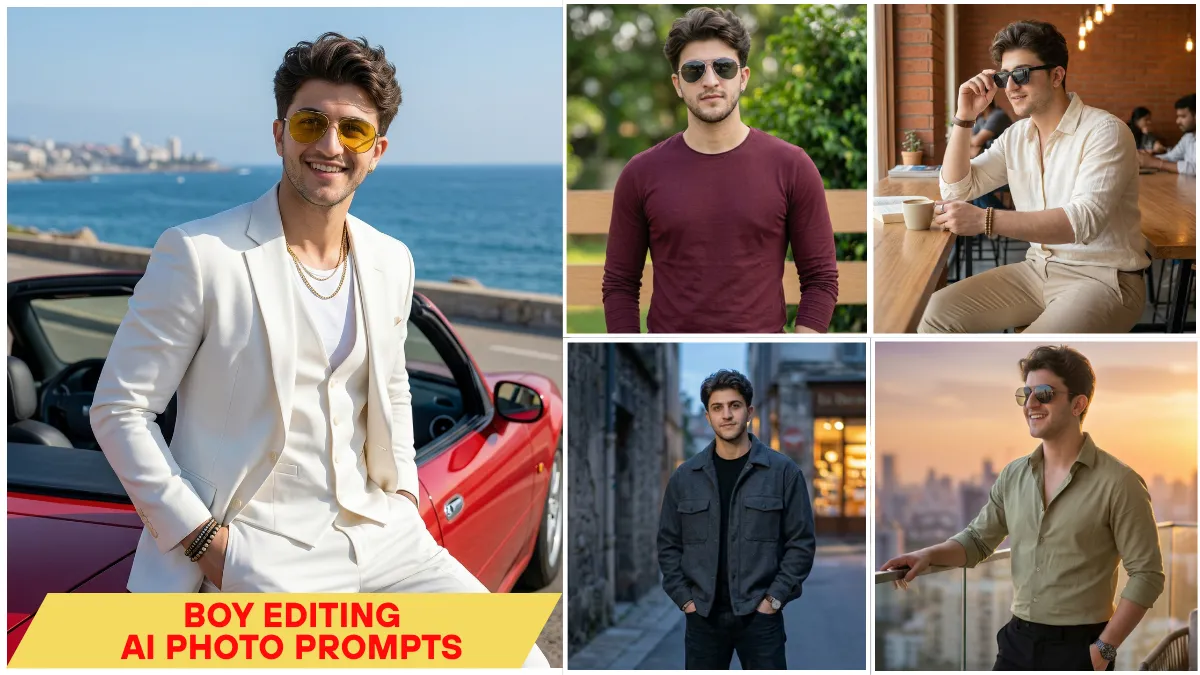 Boy AI Photo Editing Prompts 2026 ultra realistic cinematic stylish Indian male portrait generated with Gemini AI photo editing