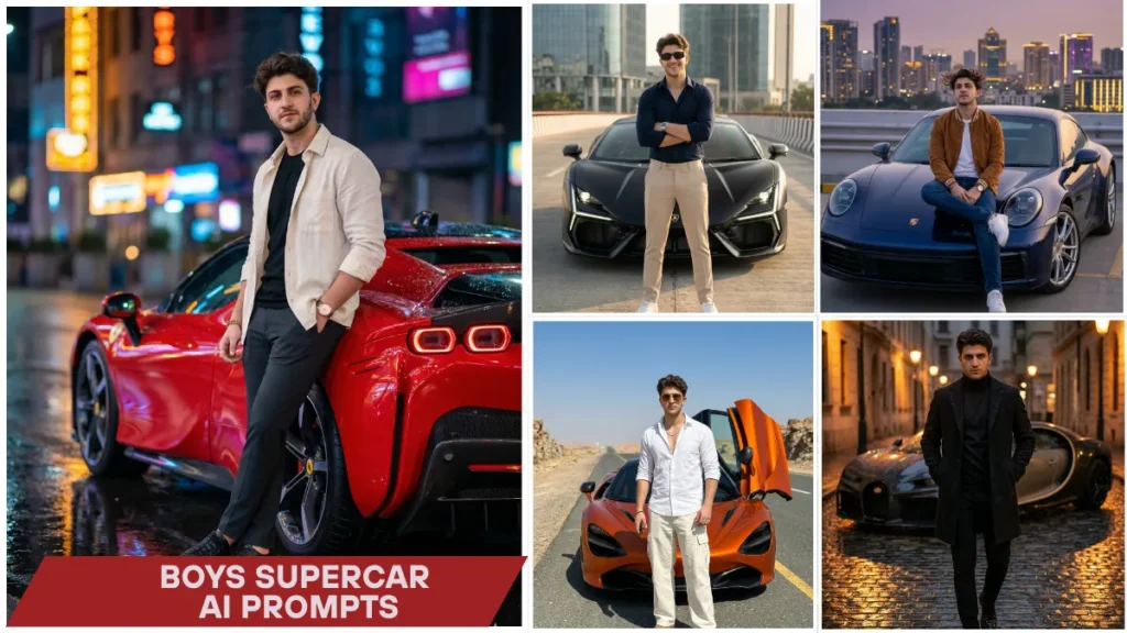 Boys supercar AI prompts ultra realistic Gemini AI luxury car photoshoot cinematic 2026