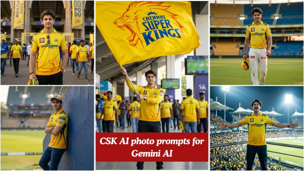 A young man in CSK jersey standing in a packed IPL stadium generated using CSK AI photo prompts on Gemini AI