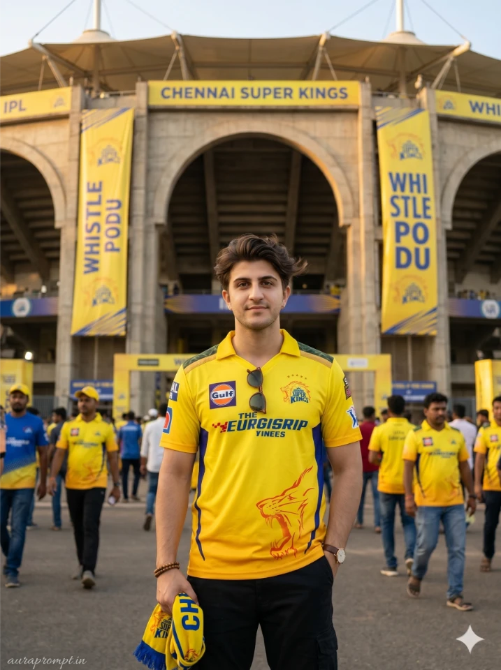 A young man in CSK jersey standing in a packed IPL stadium generated using CSK AI photo prompts on Gemini AI