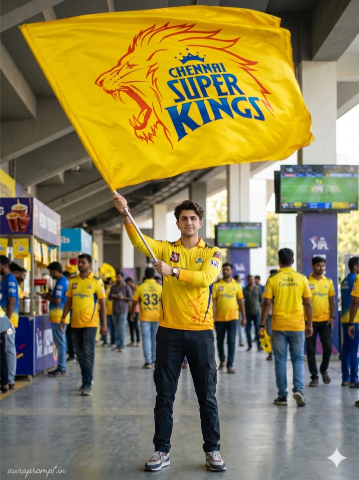 A young man in CSK jersey standing in a packed IPL stadium generated using CSK AI photo prompts on Gemini AI