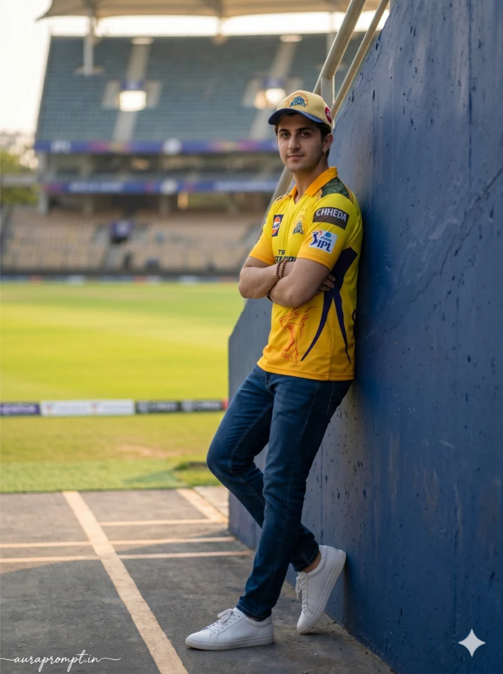 A young man in CSK jersey standing in a packed IPL stadium generated using CSK AI photo prompts on Gemini AI