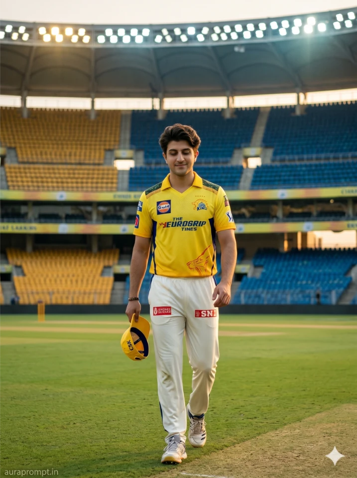 A young man in CSK jersey standing in a packed IPL stadium generated using CSK AI photo prompts on Gemini AI