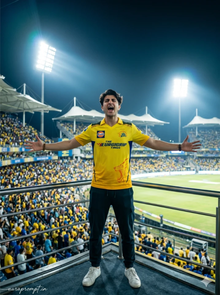 A young man in CSK jersey standing in a packed IPL stadium generated using CSK AI photo prompts on Gemini AI