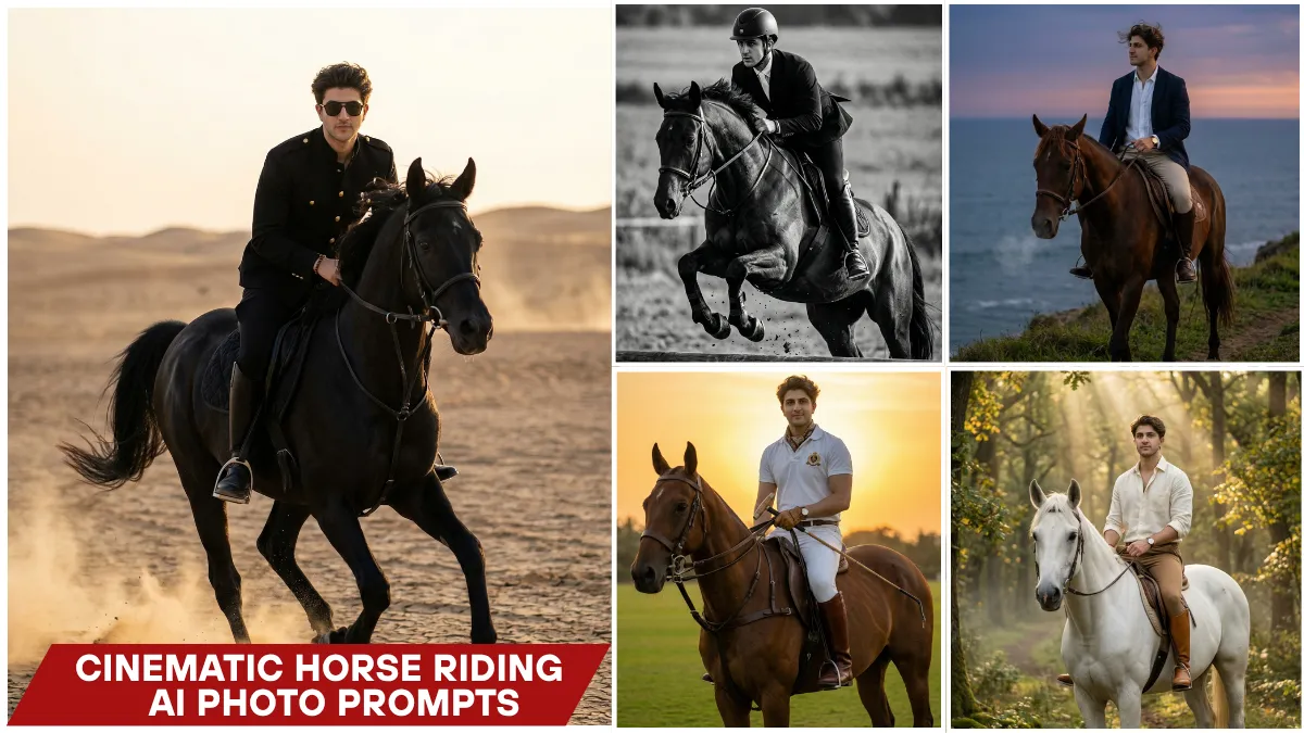 Cinematic horse riding AI prompts showing a stylish man galloping on a powerful black horse with dramatic golden hour lighting and ultra-realistic editorial photography finish.