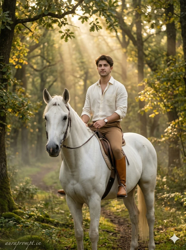 Cinematic horse riding AI prompts showing a stylish man galloping on a powerful black horse with dramatic golden hour lighting and ultra-realistic editorial photography finish.