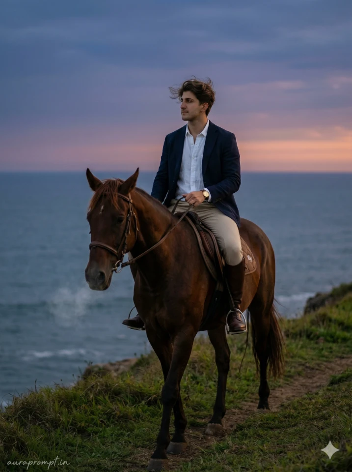 Cinematic horse riding AI prompts showing a stylish man galloping on a powerful black horse with dramatic golden hour lighting and ultra-realistic editorial photography finish.
