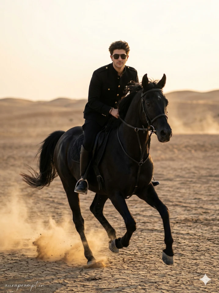 Cinematic horse riding AI prompts showing a stylish man galloping on a powerful black horse with dramatic golden hour lighting and ultra-realistic editorial photography finish.