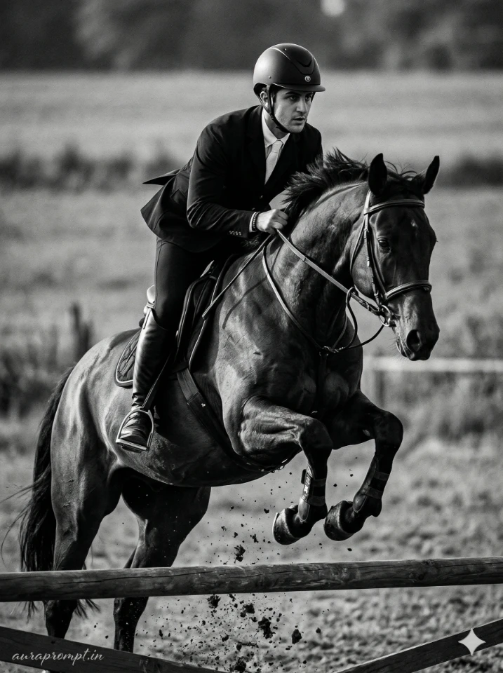 Cinematic horse riding AI prompts showing a stylish man galloping on a powerful black horse with dramatic golden hour lighting and ultra-realistic editorial photography finish.