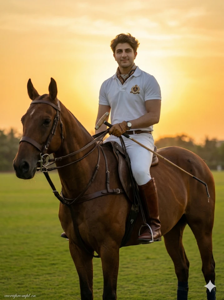 Cinematic horse riding AI prompts showing a stylish man galloping on a powerful black horse with dramatic golden hour lighting and ultra-realistic editorial photography finish.